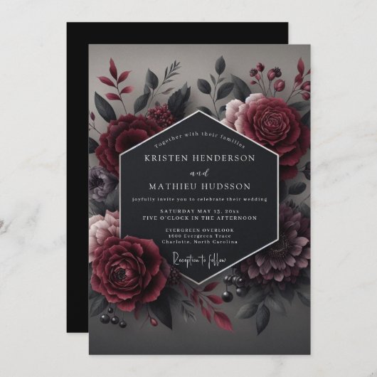 Invitation Deep Red Bloom Romance Wedding (Devant / Derrière)
