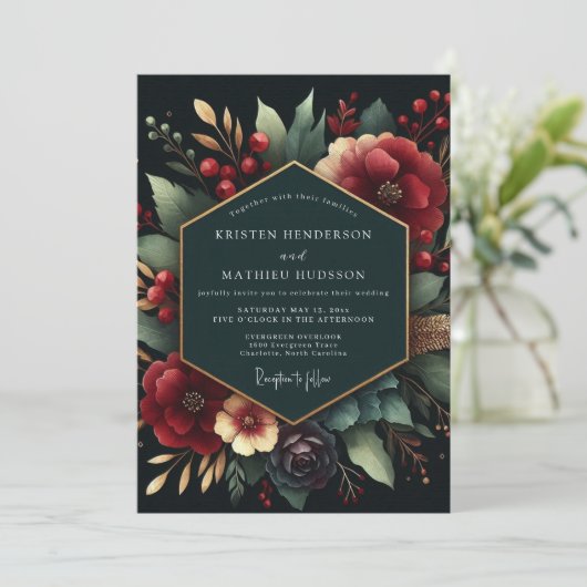 Invitation Deep Red Botanical Luxe Wedding (Debout devant)