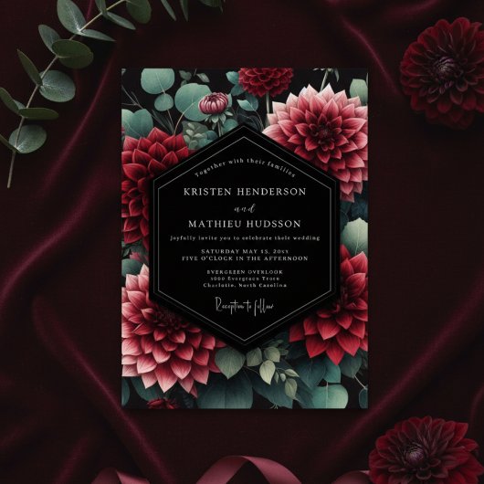 Invitation Deep Red Dahlia Botanical Wedding