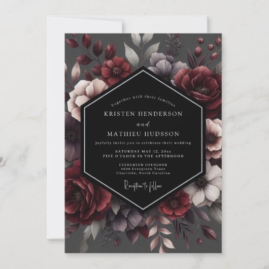 Invitation Deep Red Floral Enchantment Wedding (Devant)