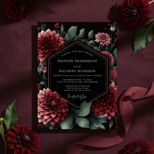 Invitation Deep Red Floral Moody Wedding