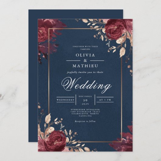 Invitation Deep Red Floral Navy Border Wedding (Devant / Derrière)