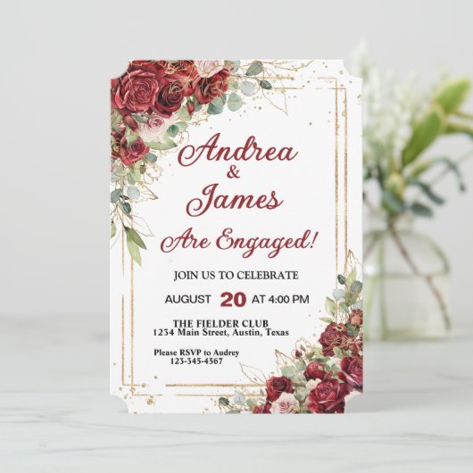 Invitation Deep Red & Gold Frame Roses (Debout devant)