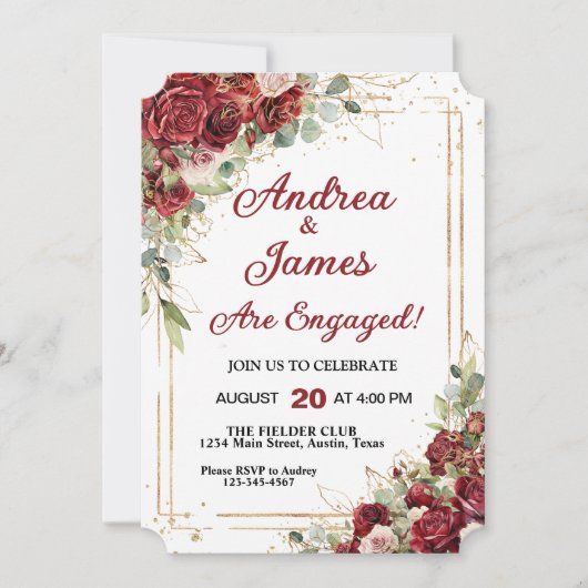 Invitation Deep Red & Gold Frame Roses (Devant)