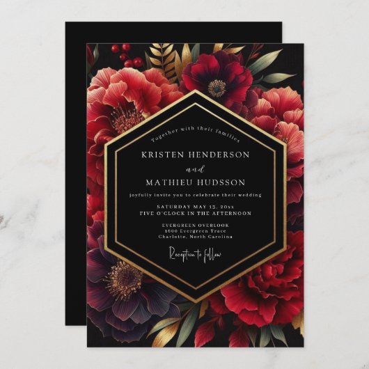 Invitation Deep Red Opulent Floral Wedding (Devant / Derrière)