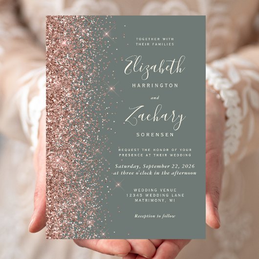Invitation Deep Sage Green Rose Gold Glitter Wedding