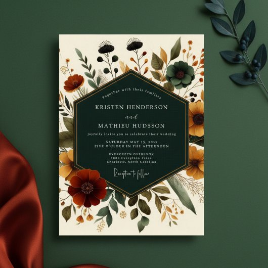Invitation Deep Teal Autumn Floral Romance Wedding