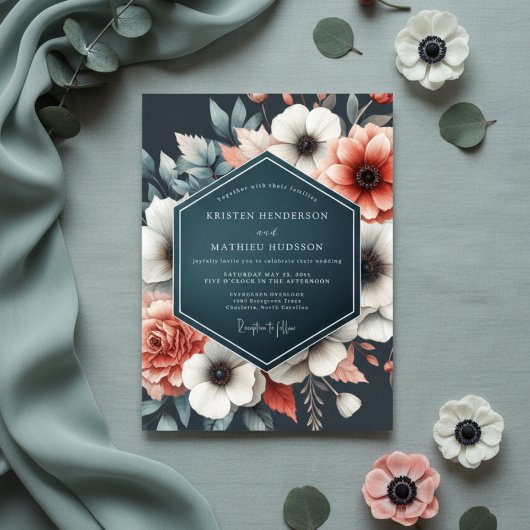Invitation Deep Teal Floral Bloom Wedding