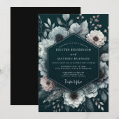 Invitation Deep Teal Floral Romance Wedding (Devant / Derrière)