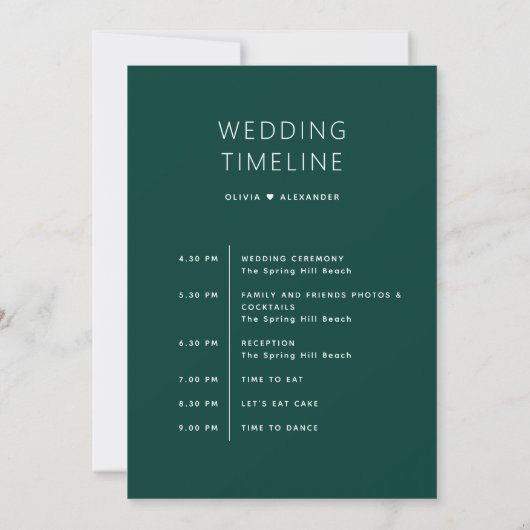 Invitation Deep Teal Green Timeline. Forest Wedding Itinerary (Dos)