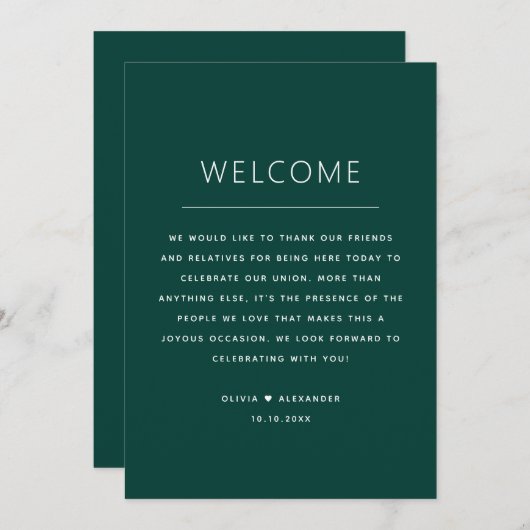 Invitation Deep Teal Green Timeline. Forest Wedding Itinerary (Devant / Derrière)
