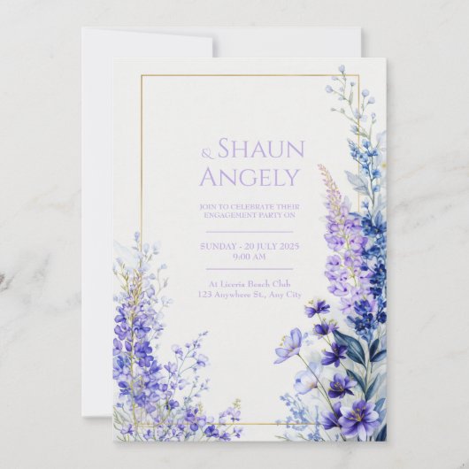 Invitation Deep Violet Watercolor Muscari Gold Frame Wedding (Devant)