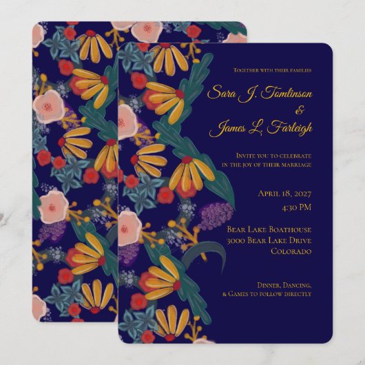 Invitation Deep Wildflower Garden Illustrated Wedding (Devant / Derrière)