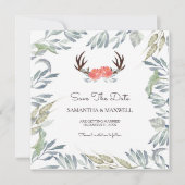 Invitation DEER ANTLER & Green Save The Date, Peach Flower (Devant)