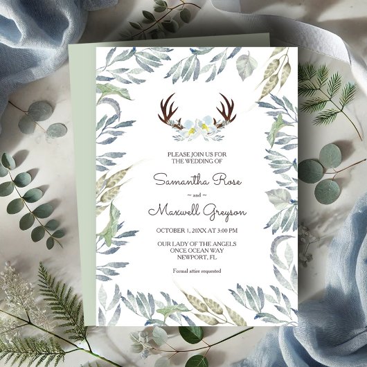 Invitation DEER ANTLER Rustique Sage Green Mariage