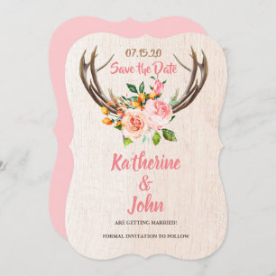 Invitation Deer Antlers Blush Rustic Floral save the date