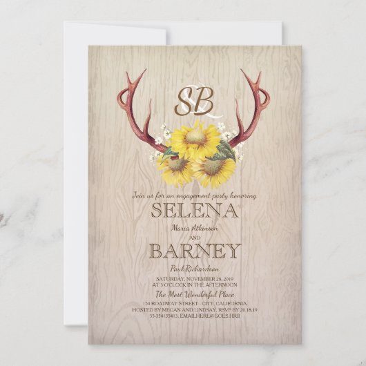 Invitation Deer Antlers et Sunflower Rustic Engagement (Devant)