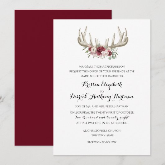 Invitation Deer Antlers Mariage floral Bourgogne (Devant / Derrière)