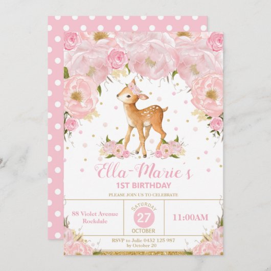 Invitation Deer Blush Floral Fête d'anniversaire fille (Devant / Derrière)