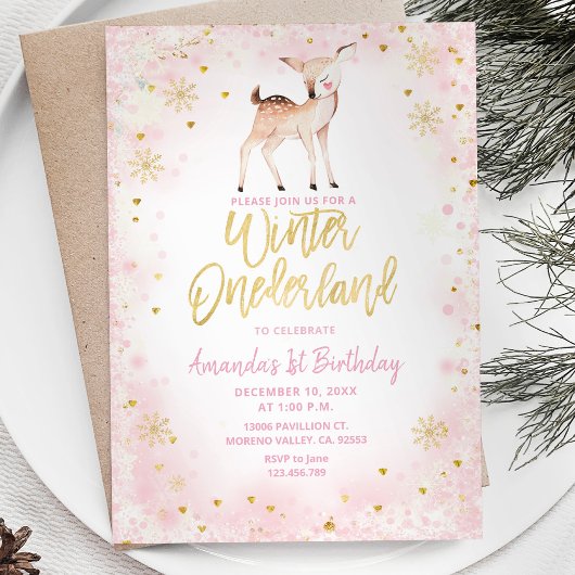 Invitation Deer Blush Rose Winter Onederland Anniversaire