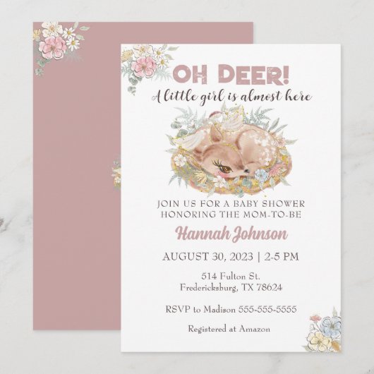 Invitation Deer Floral Automne Baby shower fille bébé (Devant / Derrière)
