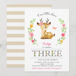 Invitation Deer Girl Woodland Floral Kids 3ème anniversaire