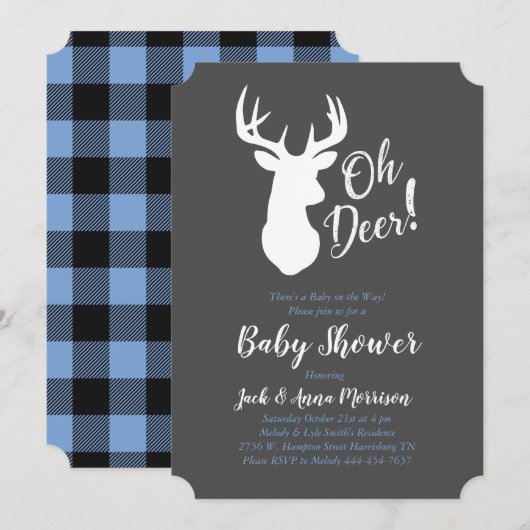 Invitation Deer Hunter Lodge Baby shower Antlers Boy Blue (Devant / Derrière)