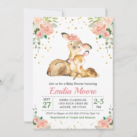 Invitation Deer maman et Baby Forêt Douche Floral Pêche (Devant)