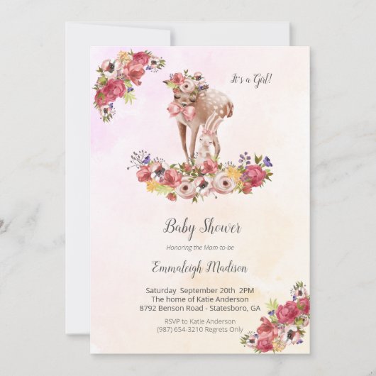 Invitation Deer Rabbit Baby shower Boho Chic Floral (Devant)