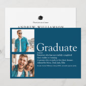 Invitation Définition de diplômé 2 Photo Bleu Moderne (Devant / Derrière)