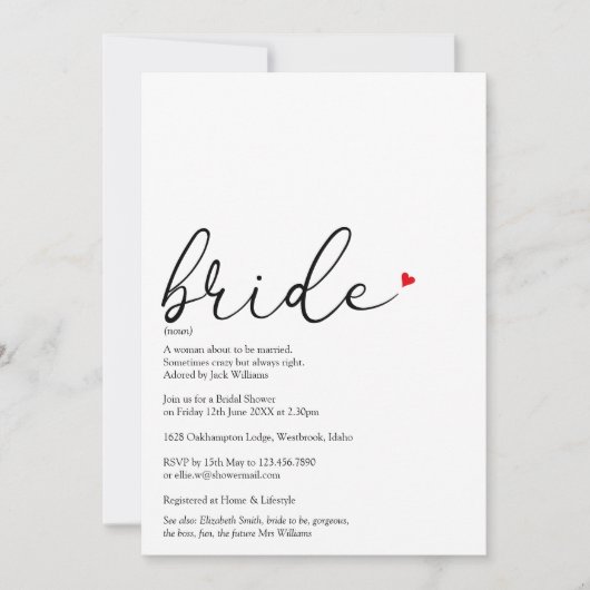 Invitation Définition de mariée Elegant Script Enterrement de (Devant)