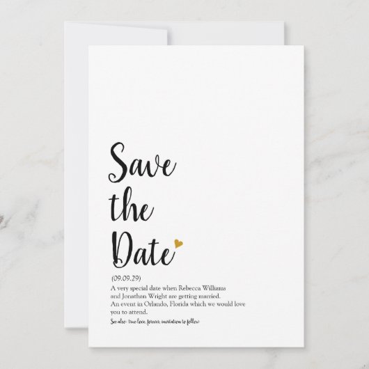 Invitation Définition de Save the Date Script Cœur d'Or (Devant)