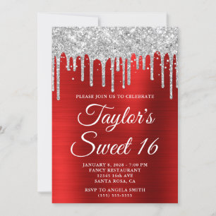 Invitation Dégoulinante de paillettes d'argent Glitter Rouge