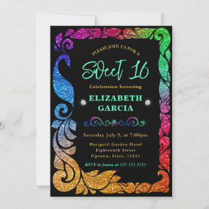 Invitation Dégradé arc-en-ciel pailleté Glam Paon Sweet 16