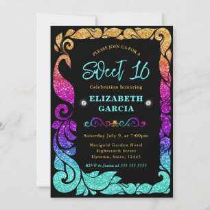 Invitation Dégradé de Glam Rainbow Pailleté Paon Sweet 16