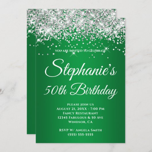 Invitation Dégradé vert Parties scintillant argenté (Devant / Derrière)