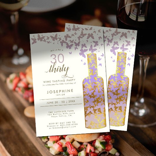 Invitation Dégustation de vin Gold Boho Butterflies 30e anniv