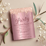 Invitation Dégustations de parties scintillant rose en or ros<br><div class="desc">Cette invitation à la fête Sweet 17 anniversaire glamour et élégant est le design parfait pour la fille d'anniversaire moderne. Son imprimé présente une parties scintillant d'or brillamment rose goutte à goutte douce dix-sept invitations. Sur le dos se trouve une parties scintillant en or rose et un dégradé pour ajouter...</div>