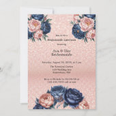 Invitation Déjeuner d'affaires Marine Blue & Rose Gold Floral (Devant)