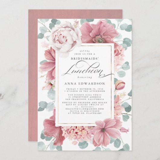 Invitation Déjeuner d'affaires Rose floral Dusty (Devant / Derrière)