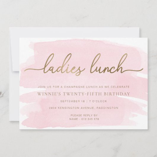 Invitation Déjeuner dames couleur rose aquarelle or (Devant)