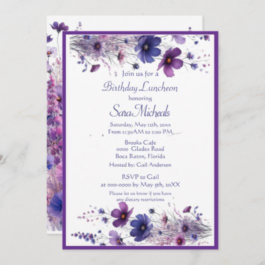 Invitation Déjeuner d'anniversaire Fleurs d'aquarelle violet (Devant / Derrière)