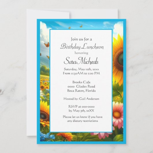 Invitation Déjeuner d'anniversaire Sunflower Floral (Devant)
