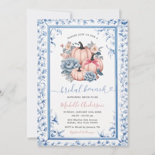 Invitation Déjeuner de mariage fleuri bleu rose chinoiserie c (Devant)