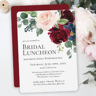 Invitation Déjeuner de mariage floral Bourgogne et Navy