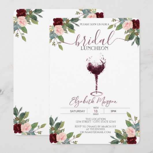 Invitation Déjeuner de mariée Rose en verre de vin de Bourgog (Devant / Derrière)
