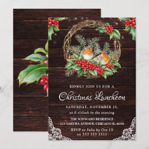 Invitation Déjeuner de Noël Couronne de houx et Merles Rustiq