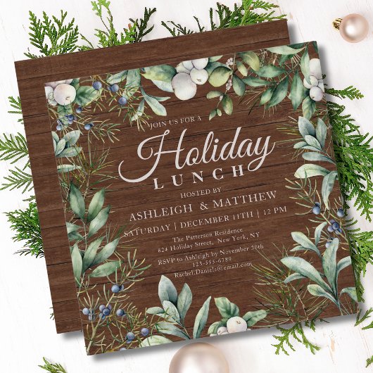 Invitation Déjeuner de Noël Floral Rustique d'hiver