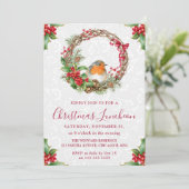 Invitation Déjeuner de Noël Robin & Holly Berry Wreath (Debout devant)