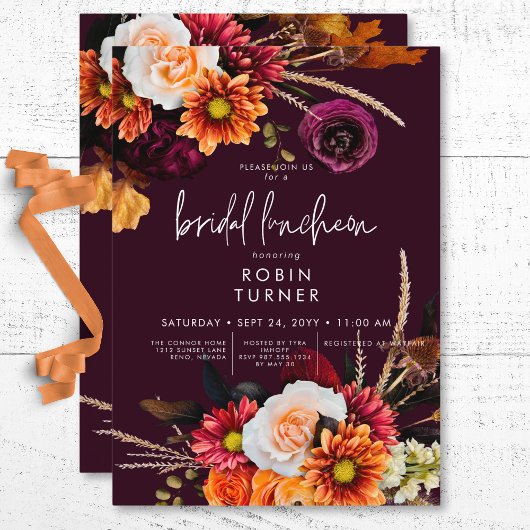 Invitation Déjeuner de nuptiale de Boho Russet foncé Floral B
